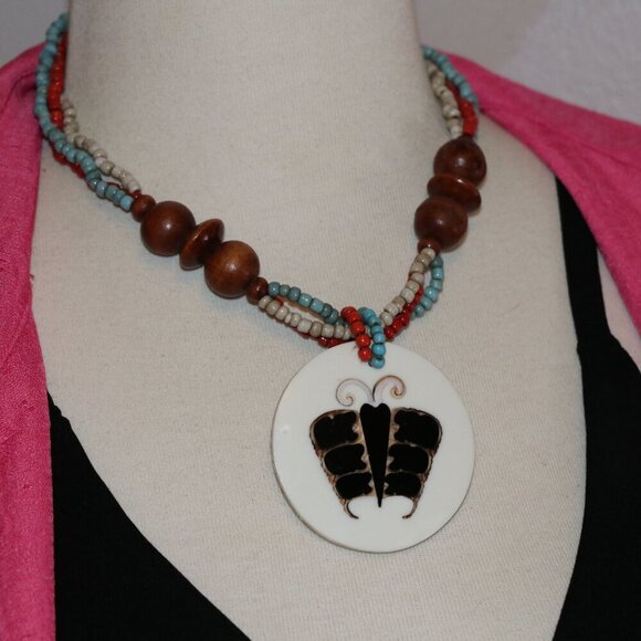 3-Strand Sead Bead Necklace with Handcut, Hand Inlay, Mother of Pearl Pendant - Picture 1 of 6